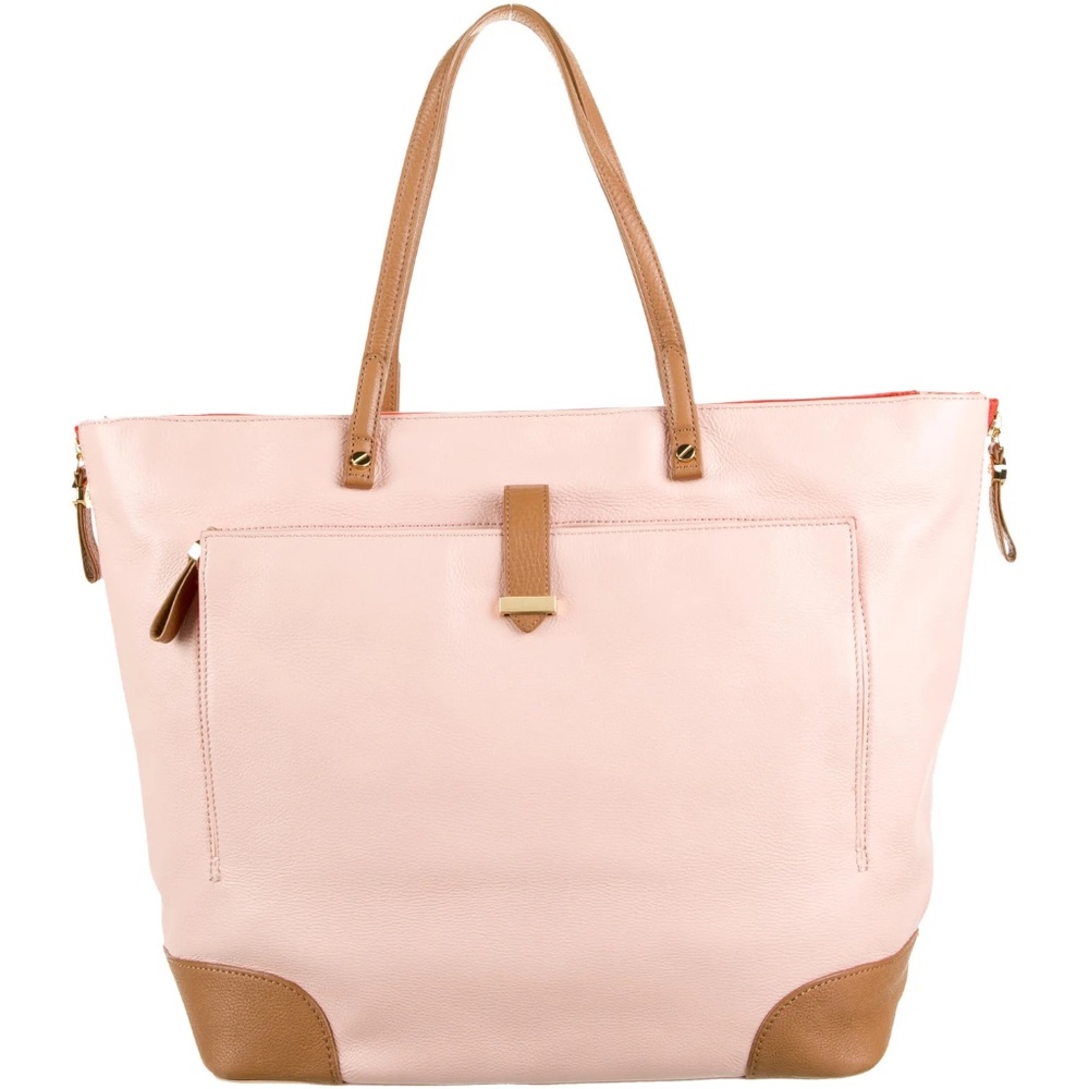 Tory Burch Pink Tan Orange Zip Leather Shoulder Work Tote Bag
